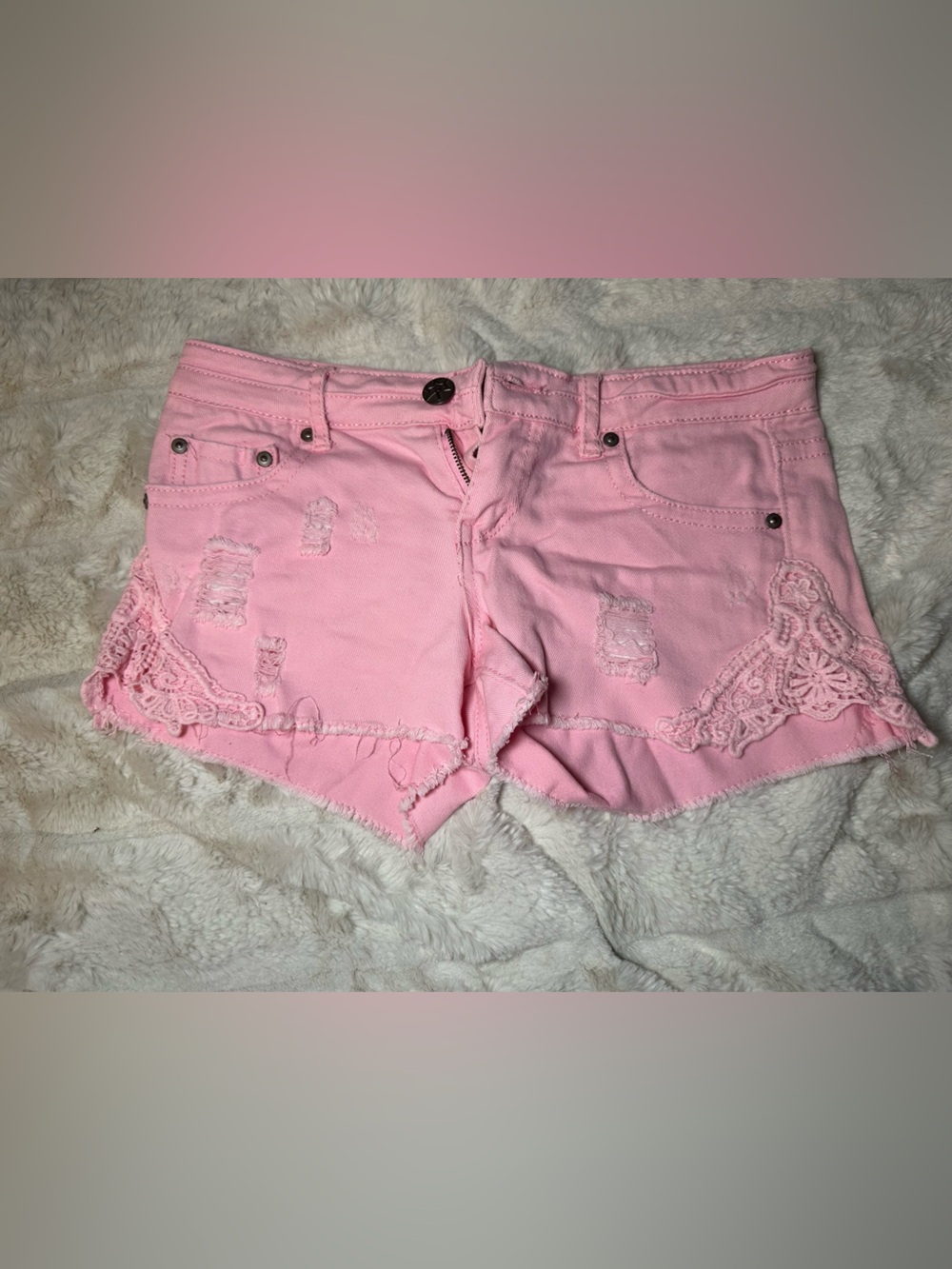 Vanilla Star Pink Lace-Trim Distressed Denim Shorts